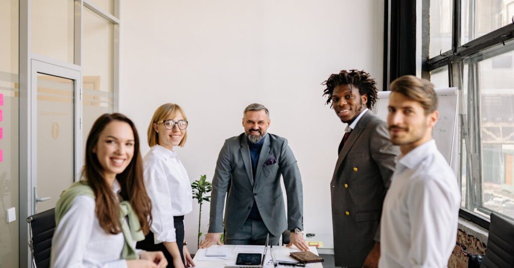 Group of professionals collaborating in a contemporary office setting.